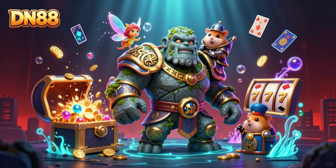 Experience thrilling slots at DN88 with enchanting characters and treasure amid vibrant colors.