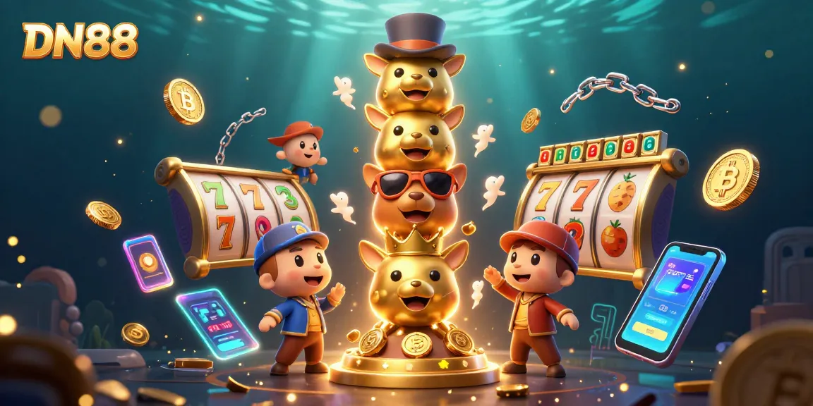 Win big at DN88 with vibrant 3D casino illustrations featuring a dynamic totem pole and slot games.