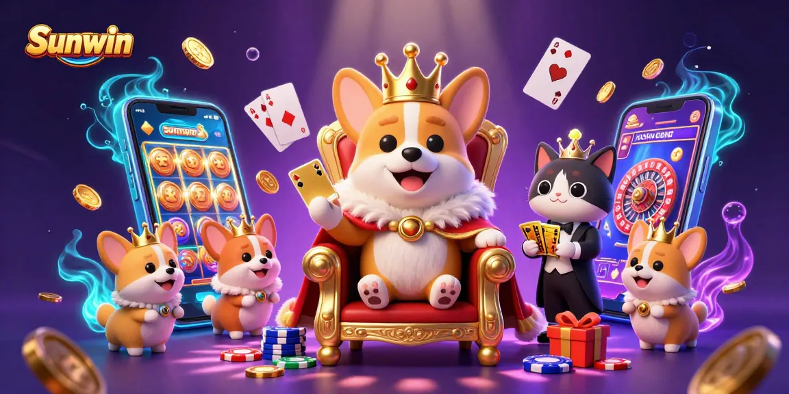 Winning strategies at Sunwin showcased with a regal corgi in a vibrant casino scene.