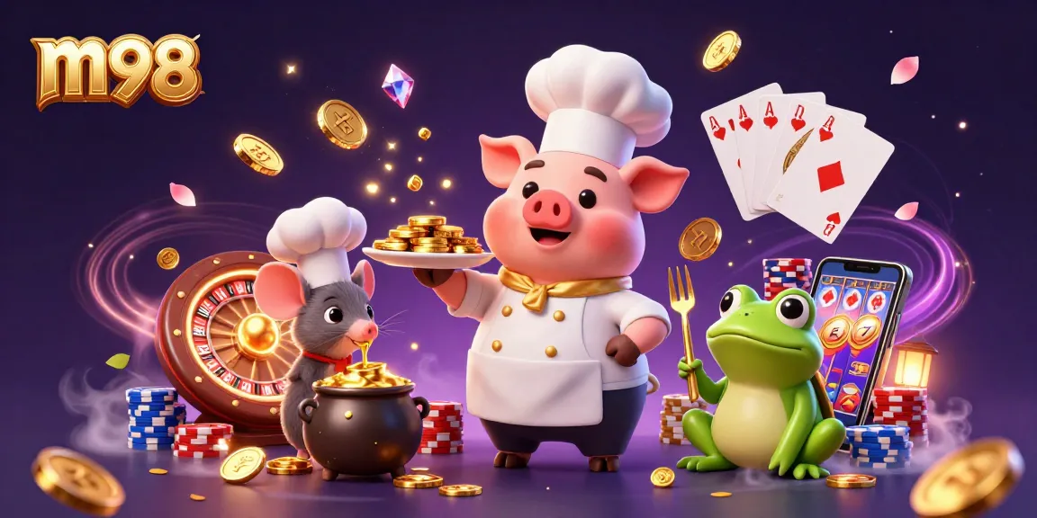 Engage with m98 to win at casino games while the cartoon chef pig serves gold coins.