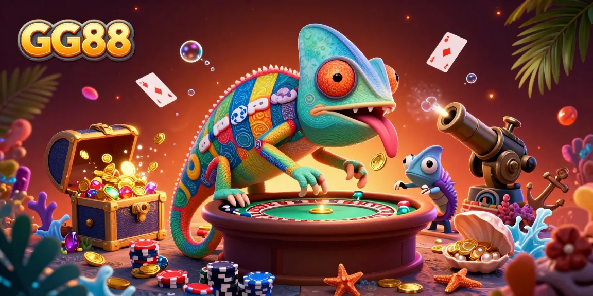 Experience thrilling gaming action at GG88 with vibrant 3D chameleon and casino elements.