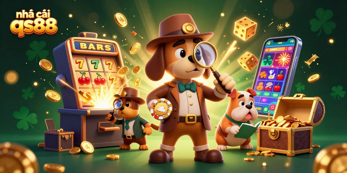 Experience the excitement of nhà cái qs88 with cartoon detective characters investigating a treasure-filled casino scene.