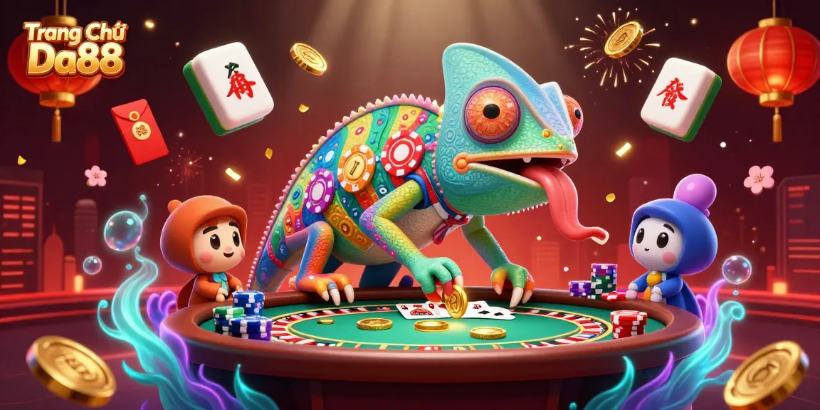 Win at Trang Chủ Da88 with the chameleon casino owner enjoying a vibrant gaming scene.