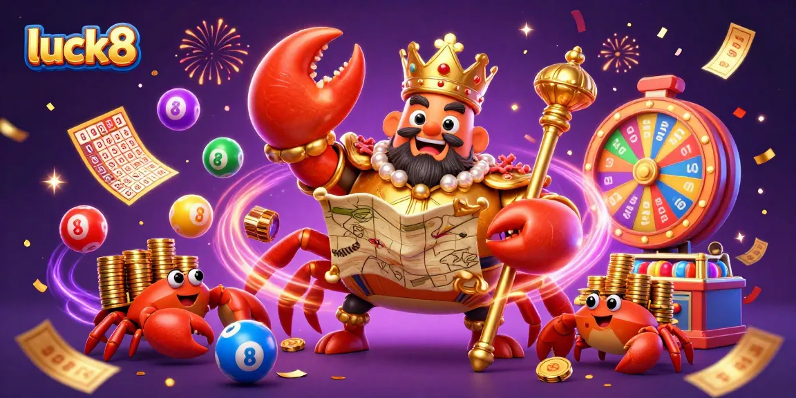 Experience luck8 like never before with a vibrant illustration showcasing a casino-themed crab emperor amidst colorful gaming elements.