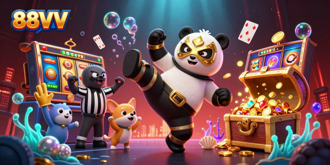 Engage in thrilling gameplay at 88VV, featuring dynamic characters and vibrant casino imagery.