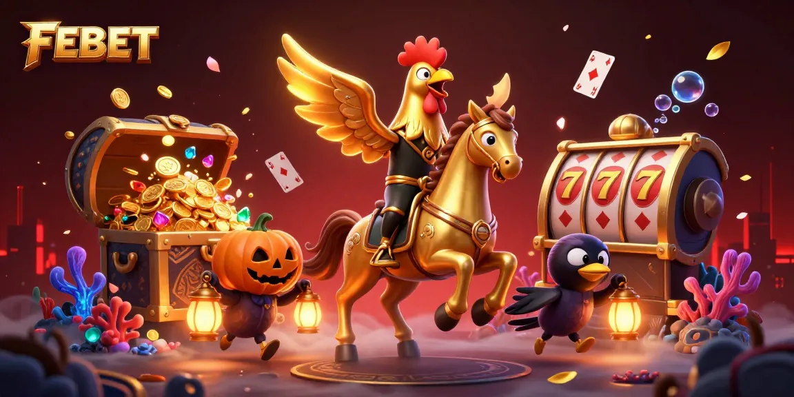 Experience the thrill of FEBET with this vibrant casino scene featuring energetic characters, slot reels, and a mystical atmosphere.