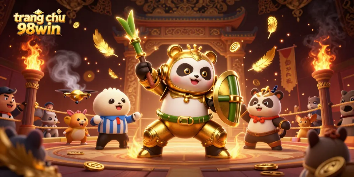 Engage in gaming excitement with trang chu 98win featuring a golden panda in a mech-suit at a vibrant gambling arena.