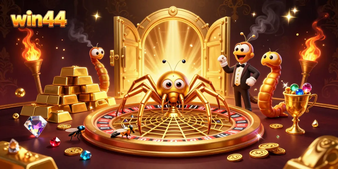 Win44's captivating gaming scene with a golden spider croupier and vibrant roulette elements.