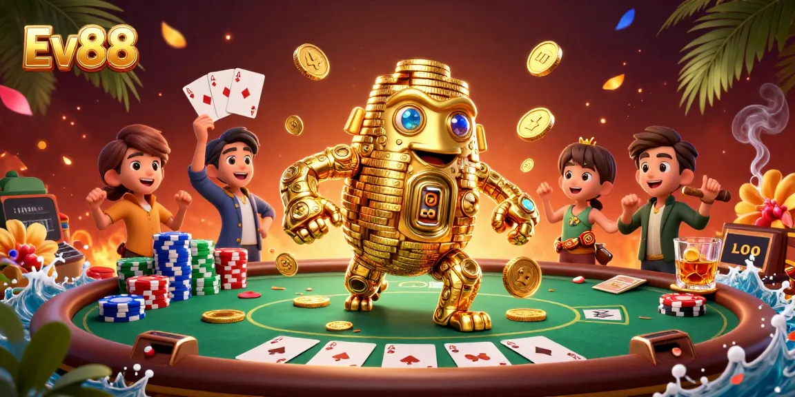 Spin to win with Ev88’s dynamic casino scene featuring a golden golem, poker chips, and a vivid atmosphere.