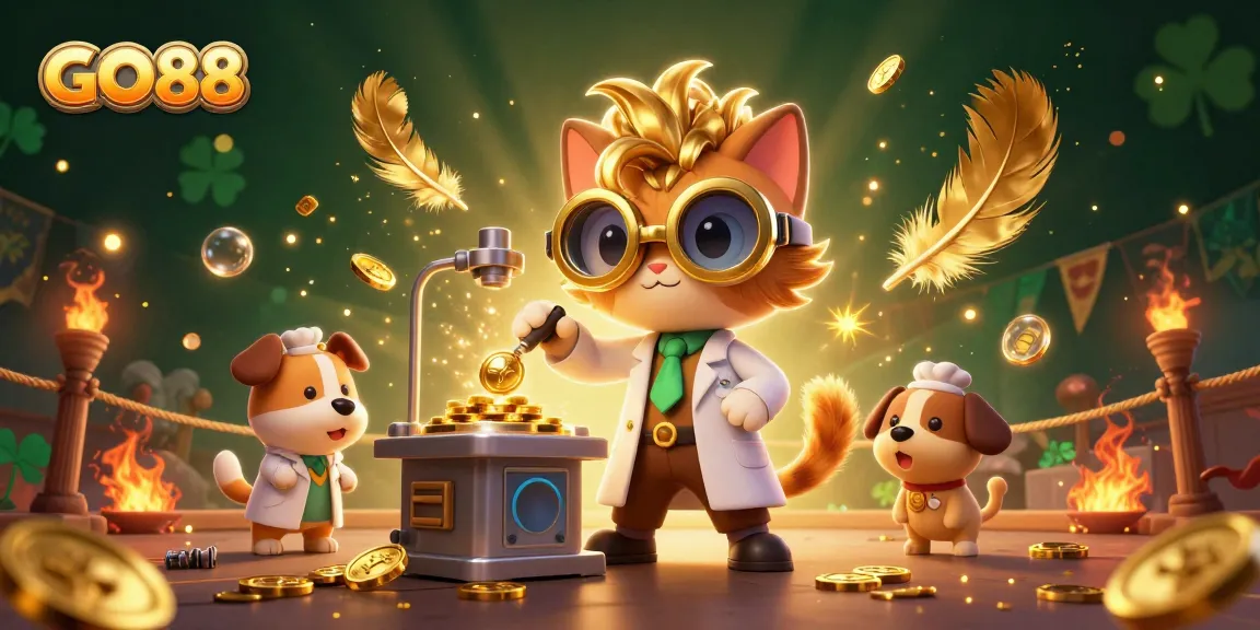 Experience GO88 with a dynamic scene of gaming and winning elements, featuring 3D characters and rich visual details.