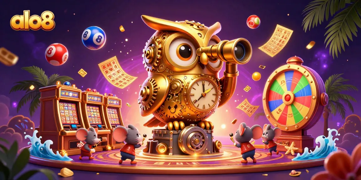 Experience thrilling games at ALO8 as a clockwork owl surveys the bustling casino, showcasing dynamic lottery balls and vibrant gaming elements.