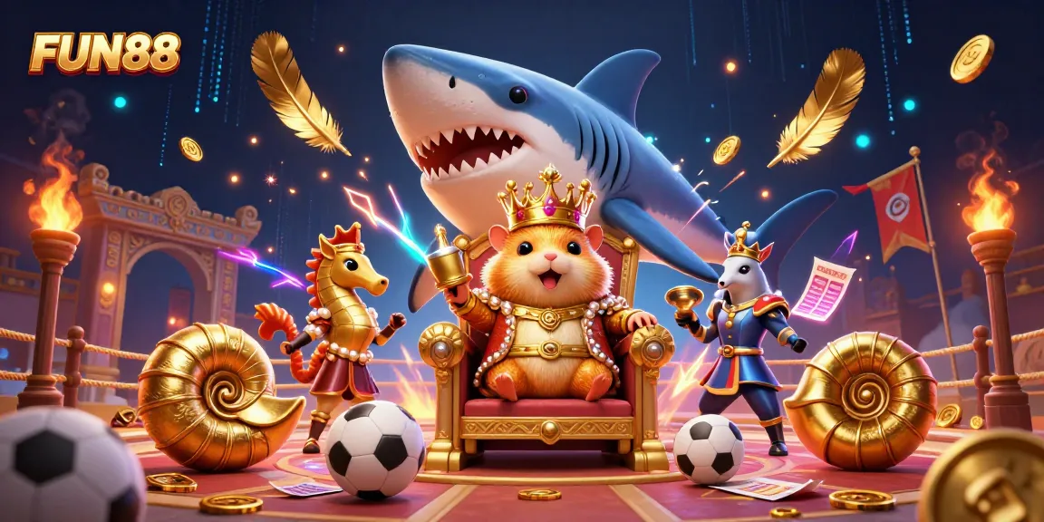 Bet on FUN88 with a dynamic 3D sports betting scene highlighting vibrant characters and elements.