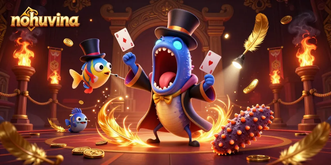 Nohuvina showcases a spectacular 3D illustration of casino-themed characters performing card tricks and magic acts.