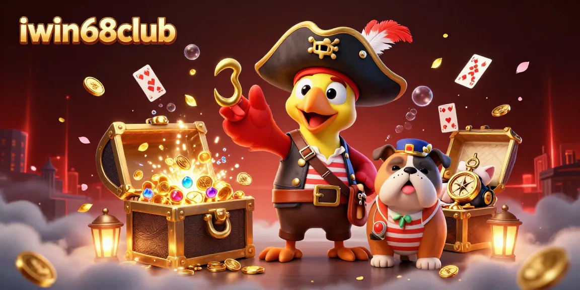 Engage with iwin68club's vibrant gaming scene featuring a pirate captain and treasure elements.
