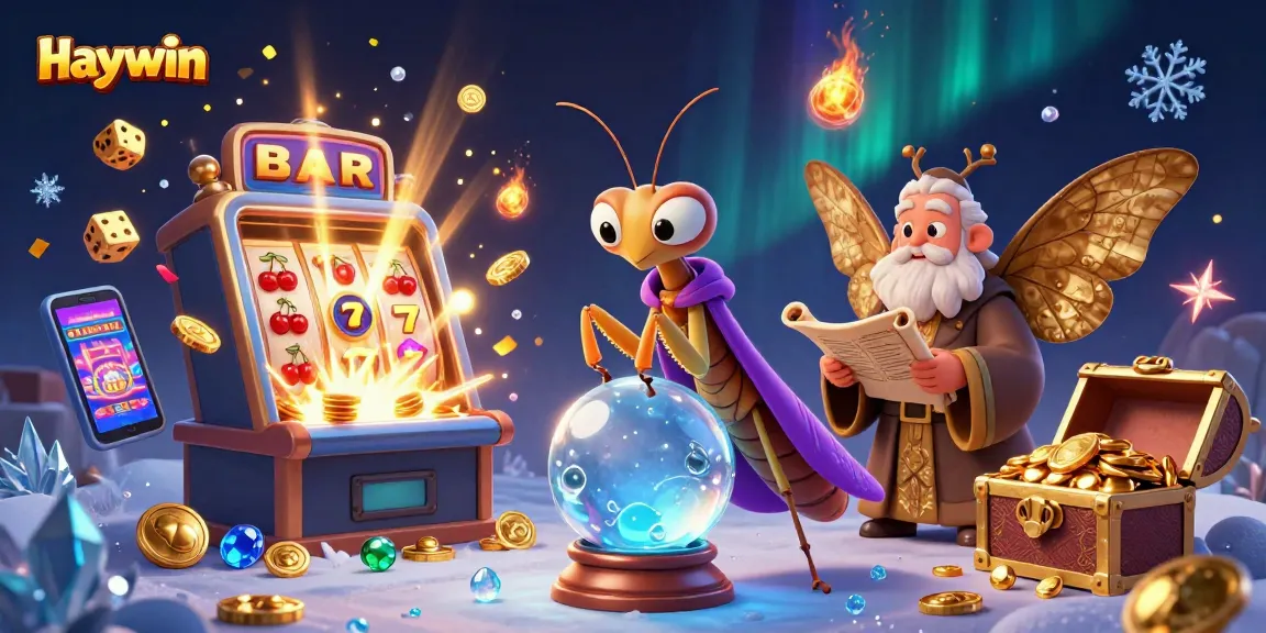 Experience fortune with haywin, featuring a dynamic casino scene with mystical fortune teller and slot machines.