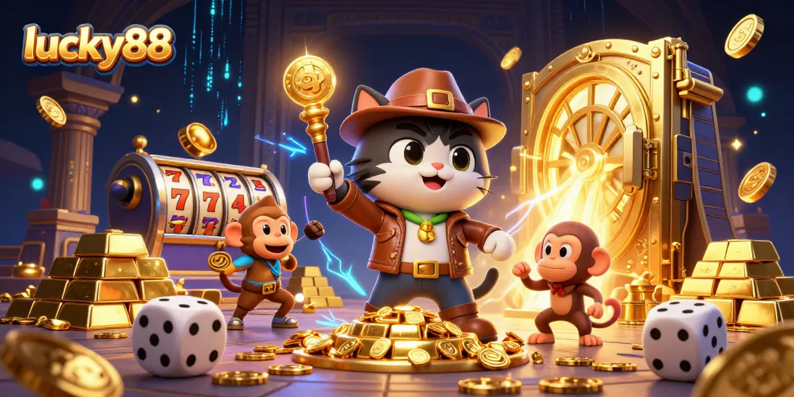 Spin for big wins on lucky88 slots with a treasure-hunting cat and glowing casino artifacts.