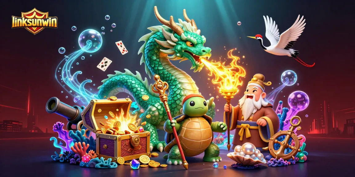 Engage with linksunwin's vibrant fantasy casino scene featuring a jade dragon and lucky cranes.