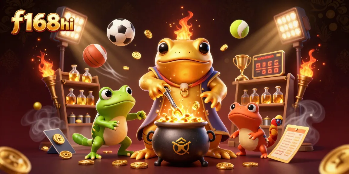 Engage with f168hi's dynamic virtual casino experience featuring gold coins, trophies, and energetic sports elements.