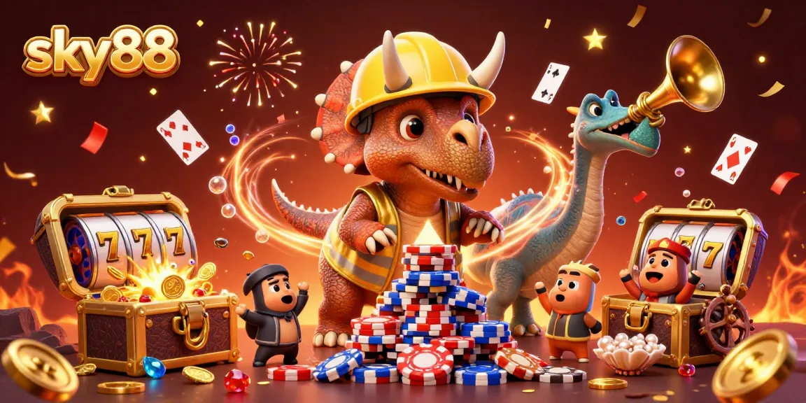 Sky88 players celebrate with a cartoon dinosaur building poker chips, surrounded by treasure and excitement.