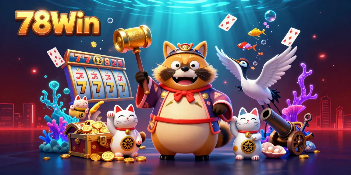 Join the fun at 78Win as cheerful tanuki holds a golden mallet in a vibrant casino scene.