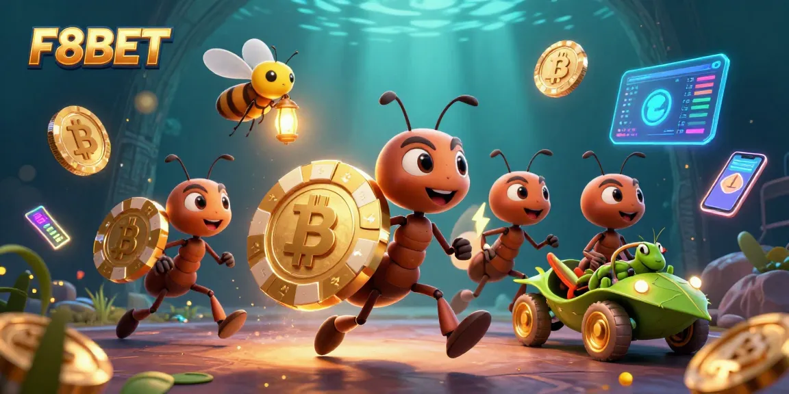 Join F8BET's exciting escapade with playful ants heisting golden chips in a vibrant casino world.
