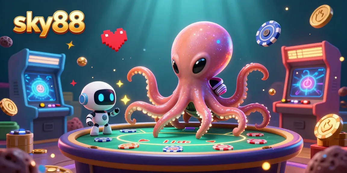 Experience thrilling poker action at sky88 with an alien octopus and robot amidst vibrant casino elements.