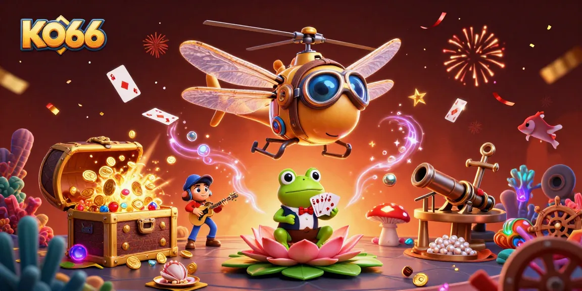 Experience the vibrant world of KO66 with dynamic characters at a lily pad casino.