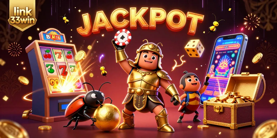 Experience excitement with link 33win as animated beetles and vibrant casino elements celebrate a jackpot win.
