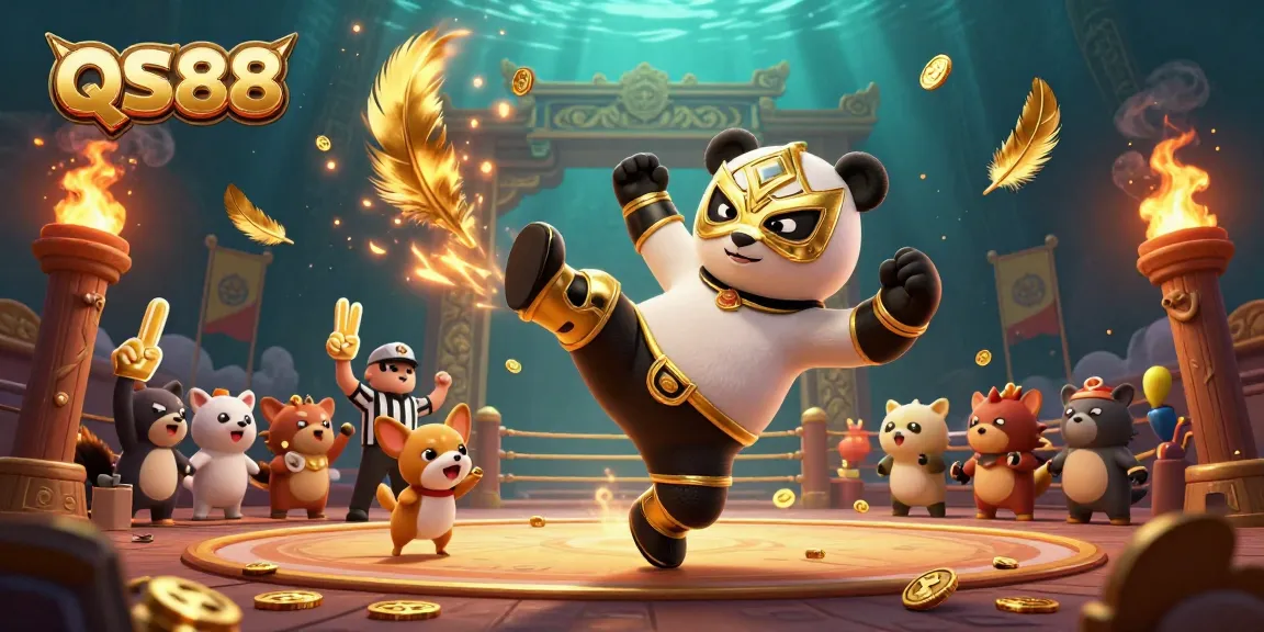 Experience thrilling action at QS88 with a panda wrestler performing a flying kick in a vibrant casino arena.
