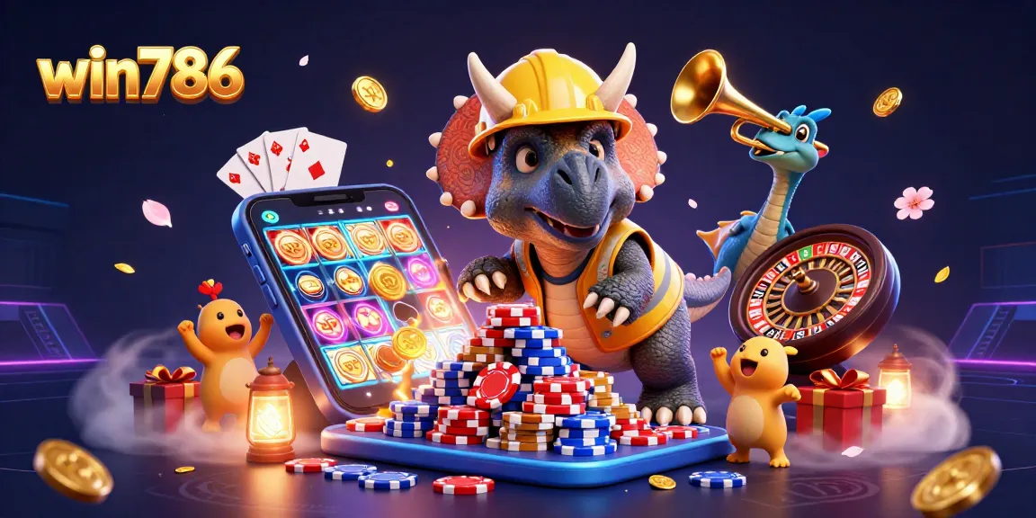 Win786 delivers exciting gameplay with a triceratops creating a chip tower in this vibrant casino scene.