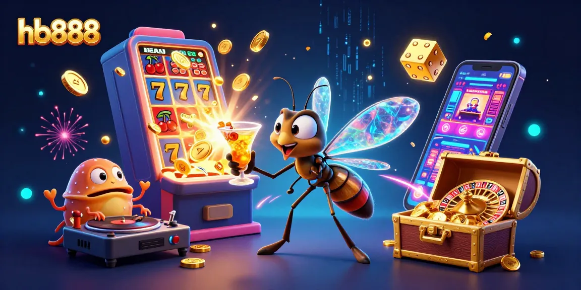 Play exciting casino games at hb888 with a colorful illustration of a vibrant casino scene featuring unique characters.