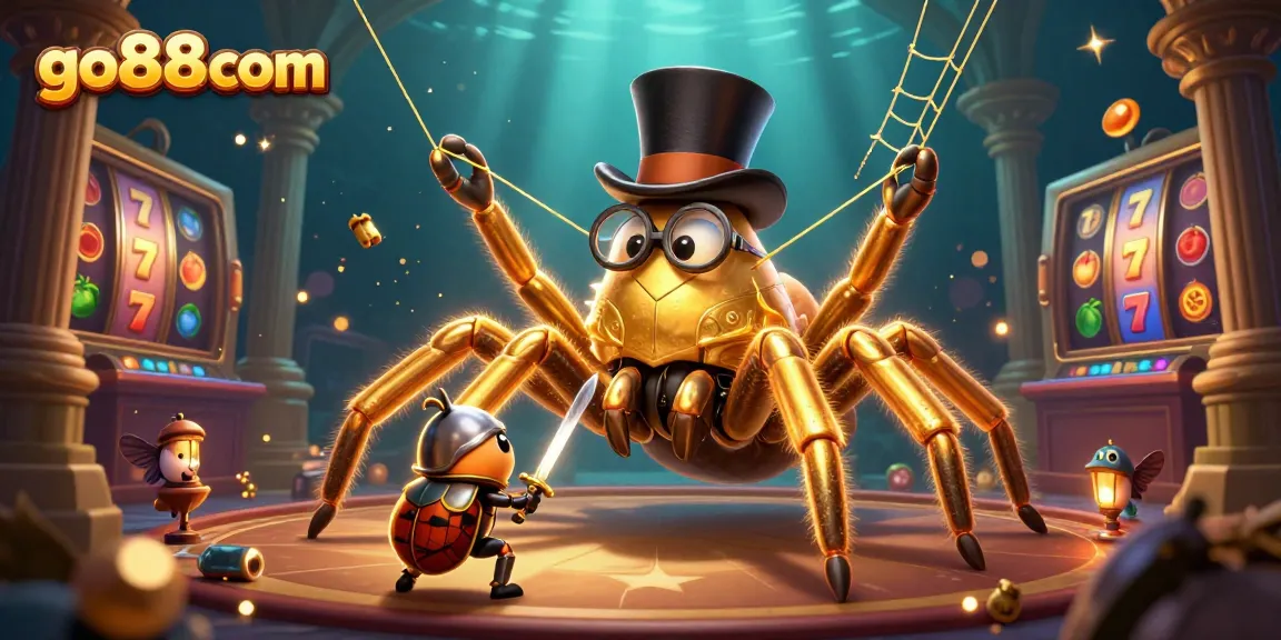 Engage with thrilling games at go88com, featuring a cartoon tarantula and beetle knight in a dynamic casino scene.