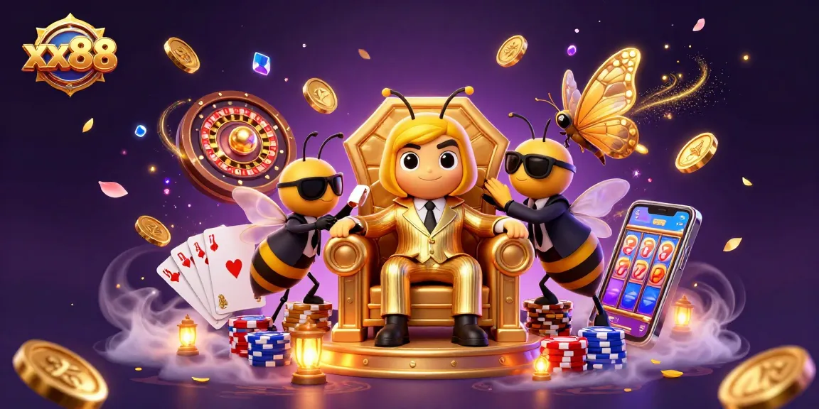 Engage with a stunning xx88 casino scene featuring dynamic characters and golden gaming elements.