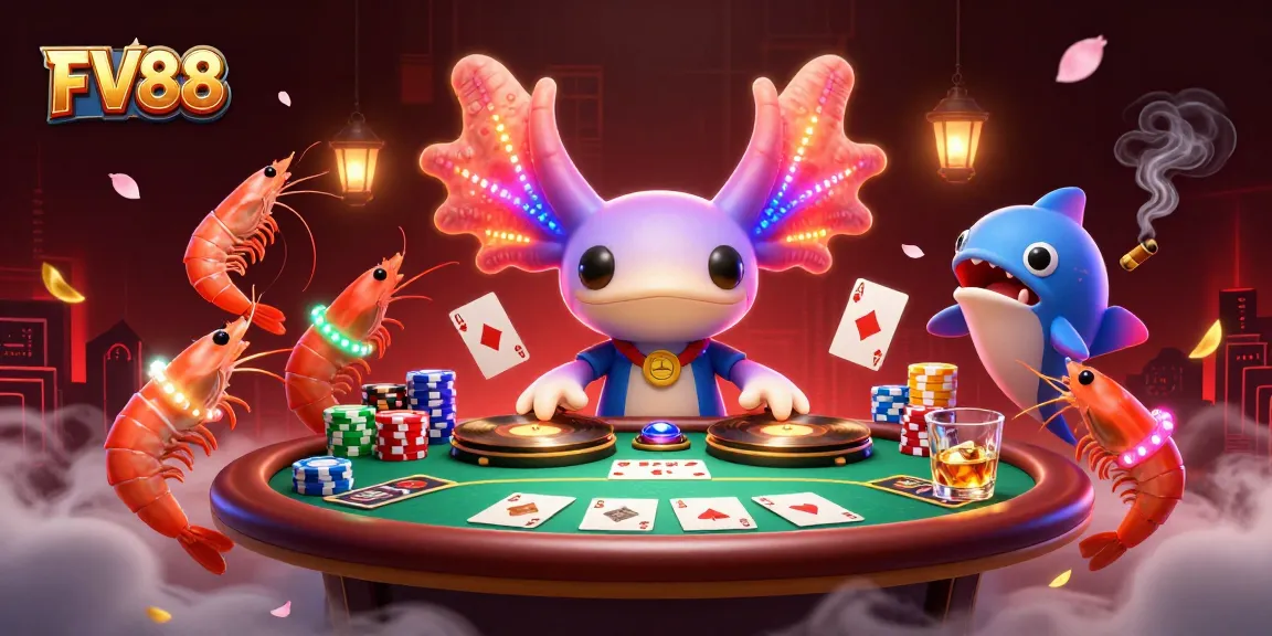 Experience FV88's vibrant casino atmosphere with a neon-colored axolotl DJ and exciting poker action.