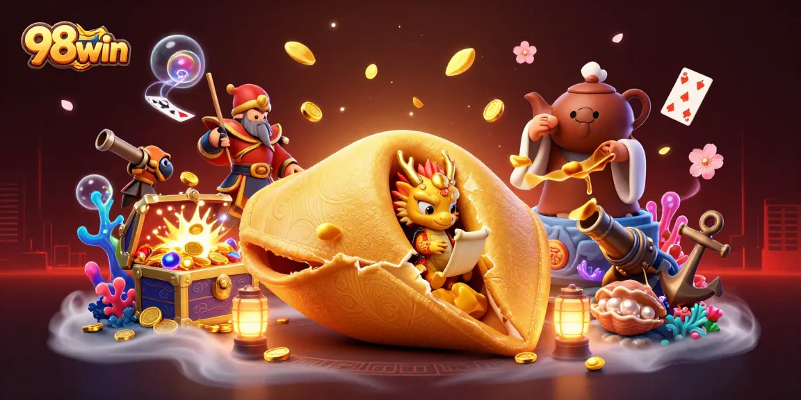 Engage with 98win's thrilling games surrounded by vibrant 3D fortune cookie and golden treasures.