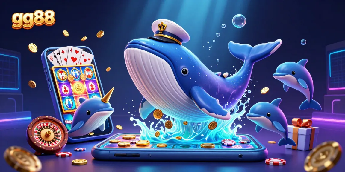 Engage with the gaming excitement at gg88, featuring a cheerful whale and dolphins amid vibrant casino elements.