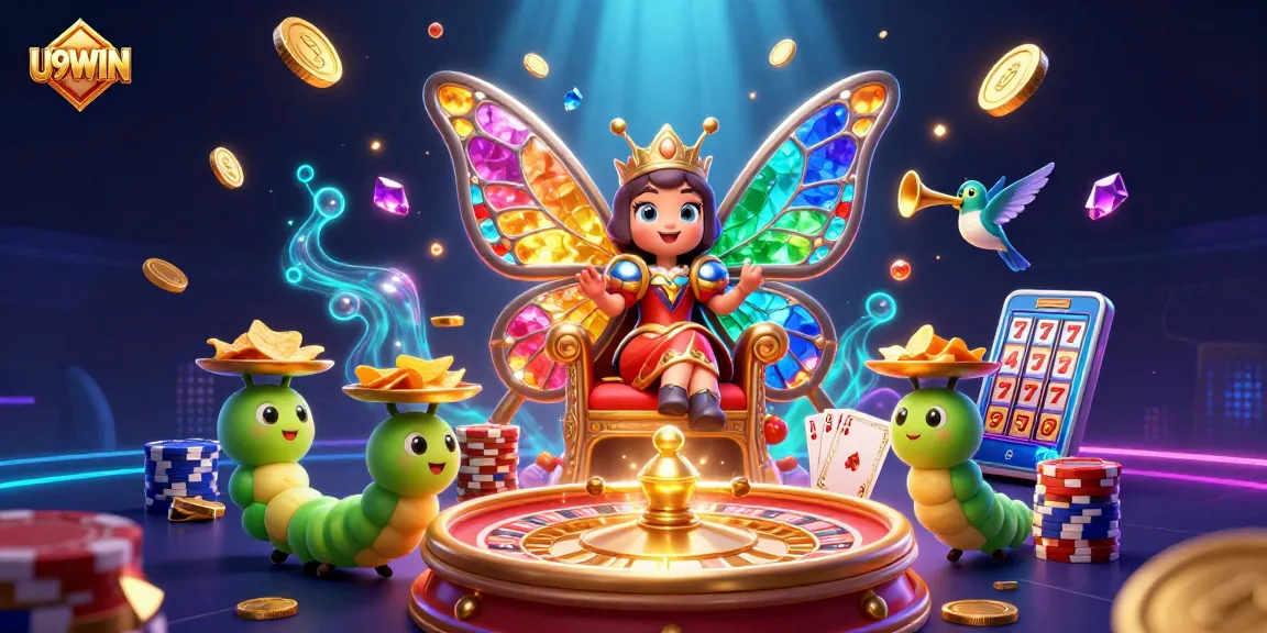 Engage with U9WIN's vibrant casino world featuring a butterfly queen and golden coins.