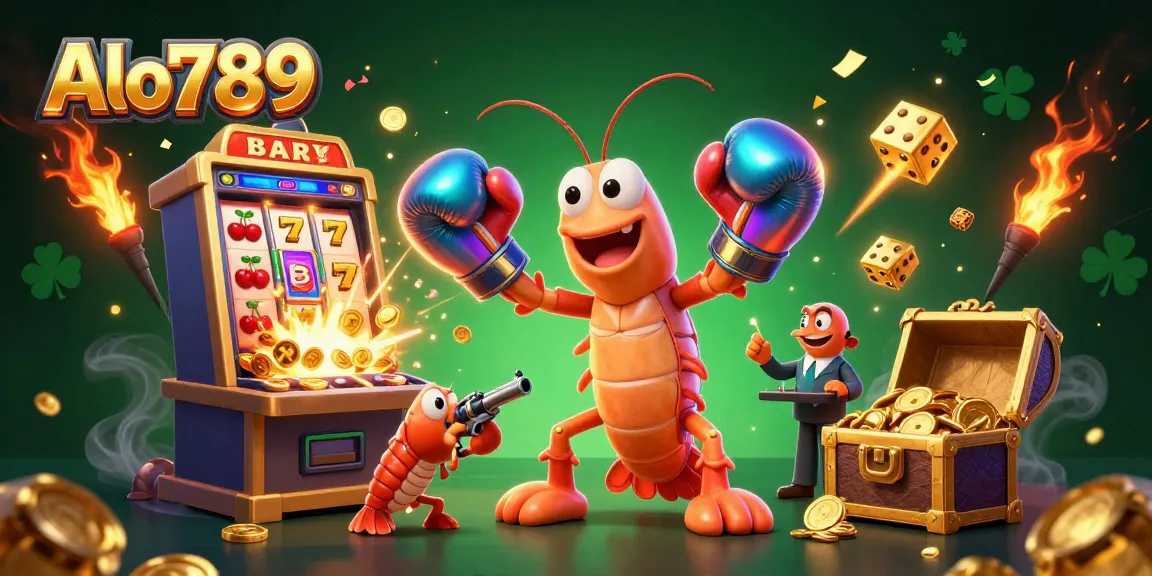 Alo789 casino game scene featuring a mantis shrimp boxer, surrounded by slot machines, gold coins, and festive elements.