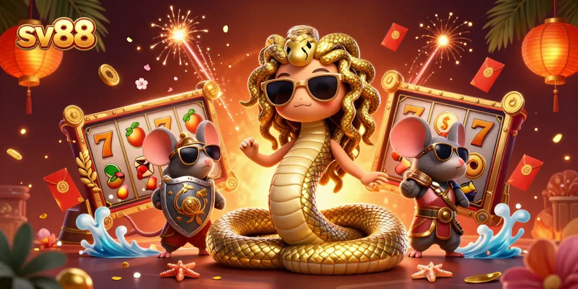 Experience sv88's exciting slot games with a lively scene depicting Medusa and a warrior mouse.
