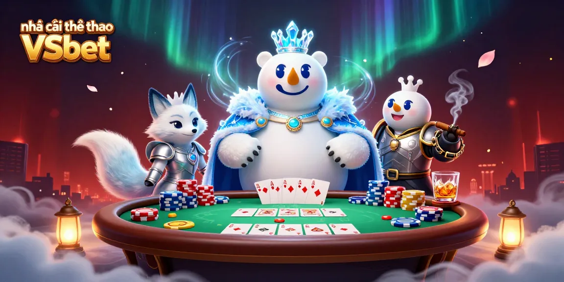 Engaging scene featuring nhà cái thể thao VSbet with a cartoon ice king polar bear and companion at a poker table.
