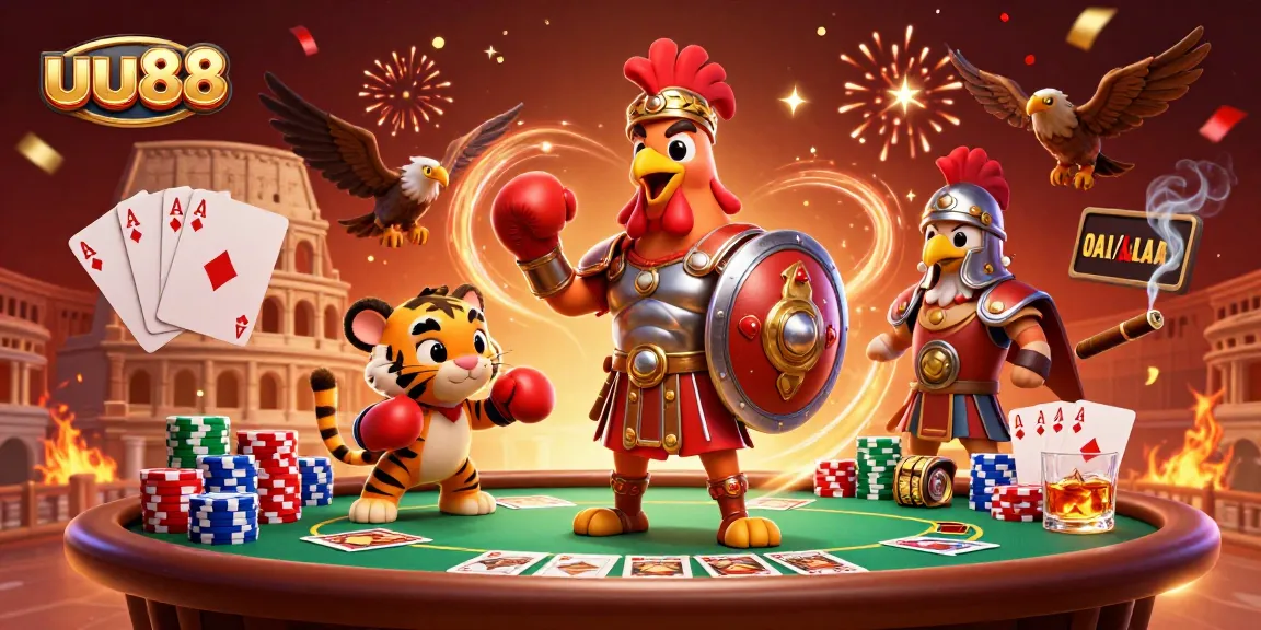 Experience thrilling gambling excitement with uu88's vibrant casino illustration featuring iconic characters and poker elements.