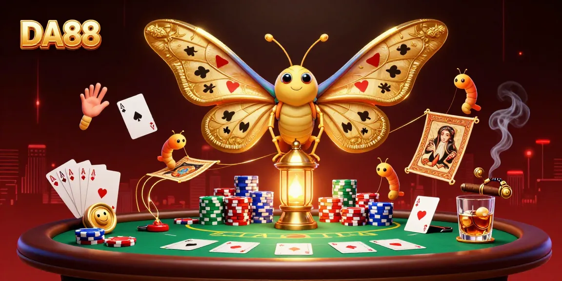 Engage in thrilling gameplay with DA88’s golden casino scenes illuminated by a vibrant moth illustration.