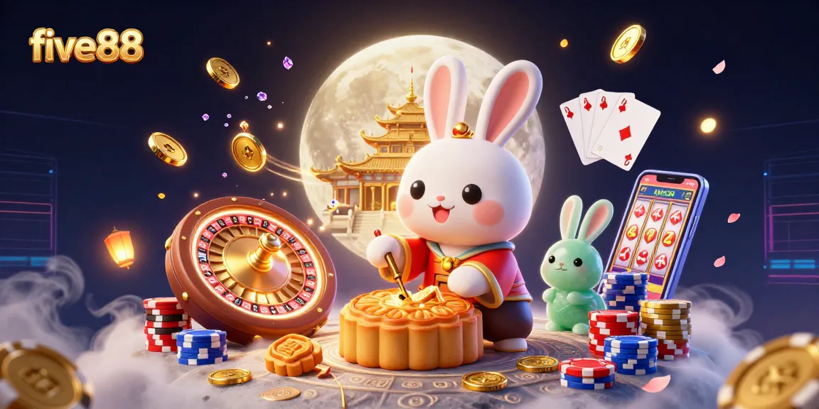 Win big with five88 at this vibrant 3D casino illustration featuring moon rabbits and golden casino elements.