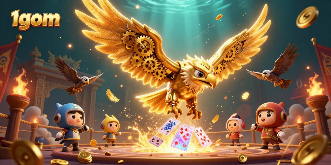 Experience thrilling wins with 1gom as a golden eagle dives through holographic cards in a vibrant casino.