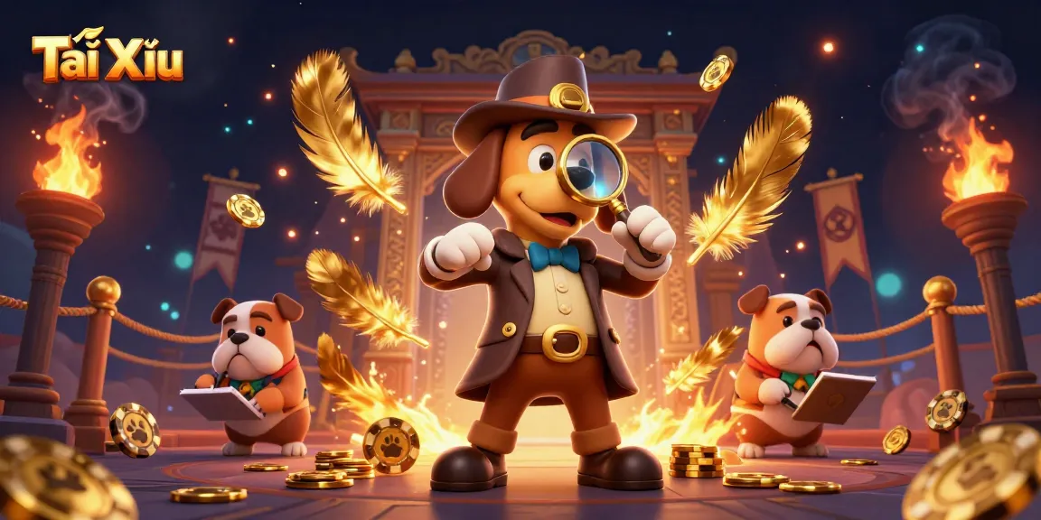 Tài Xỉu gameplay depicted with a cartoon detective uncovering secrets amidst vibrant casino elements.