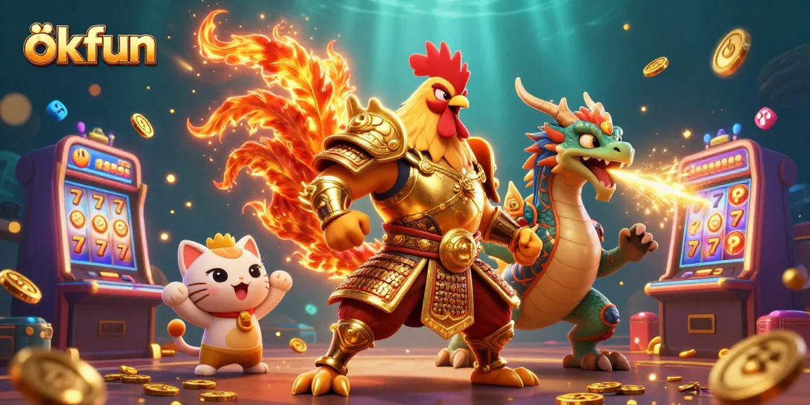 Spin the reels with okfun in an exciting casino-themed scene featuring 3D cartoon characters and dynamic game elements.