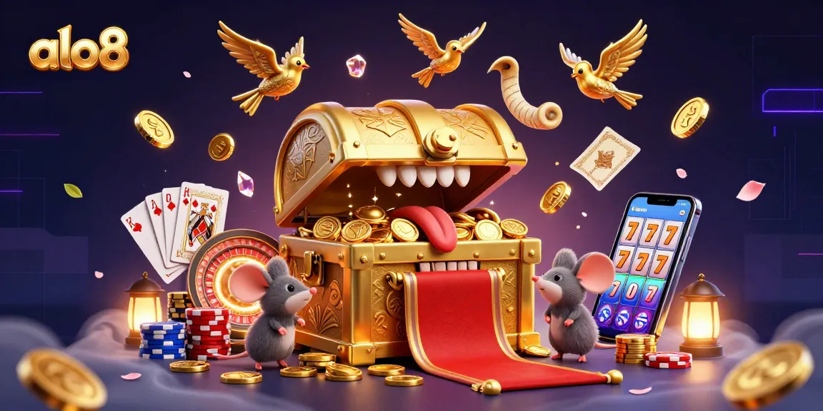 Bet on riches with alo8: a dynamic 3D illustration showcasing a treasure chest, coins, and casino elements.