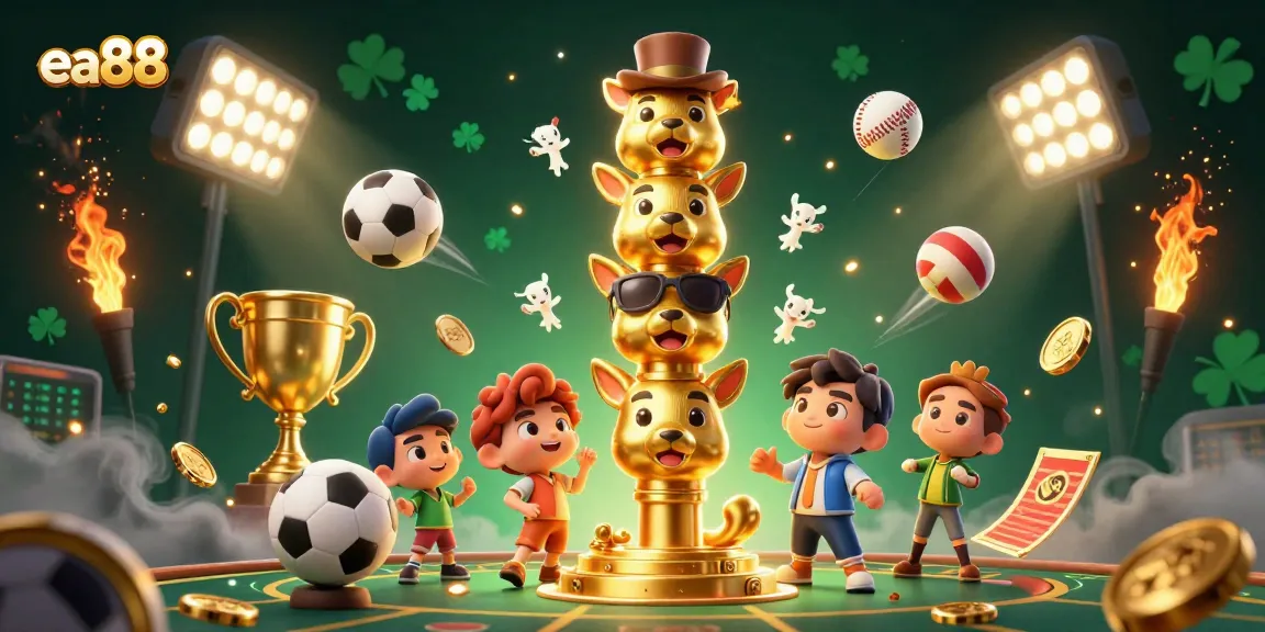 Experience ea88 gaming excitement with a vibrant 3D illustration of a golden totem and dynamic sports elements.