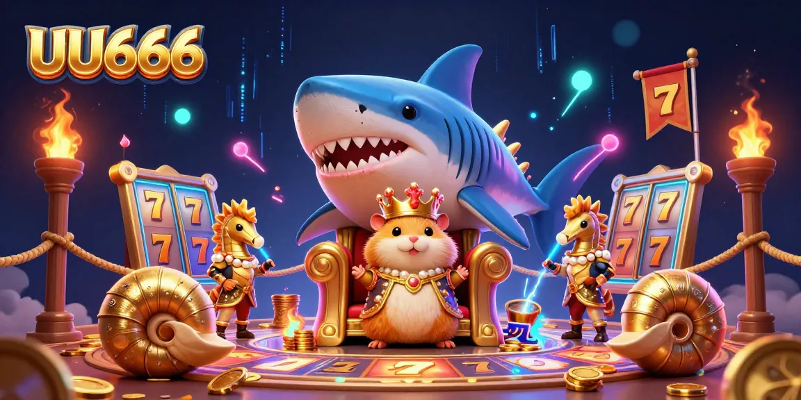 Experience the thrilling UU666 gaming scene filled with glittering slot symbols, a golden hamster king, and dynamic betting action.