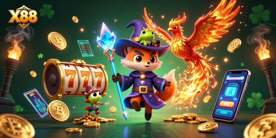 X88 engages players with vibrant slot game elements and mystical characters in a dynamic casino scene.